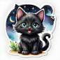 Preview: Schwarze Katze mit großen, grünen Augen als Sticker, sitzt vor einem nächtlichen Hintergrund mit Mond und Sternen. Die Katze hat ein fröhliches Gesicht und ein kleines grünes Blatt neben sich.