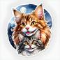 Preview: Zwei fröhlich lächelnde Maine Coon Katzen als Sticker, eine orange und eine graue, vor einem Nachthimmel mit Mond und Sternen.