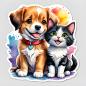 Preview: Niedlicher Sticker mit einem lächelnden Hund und einer fröhlichen Katze, vor einem farbenfrohen Hintergrund mit Sonnenmotiv.