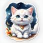 Preview: Sticker mit einer süßen weißen Katze mit blauen Augen und einem Herzanhänger, sitzend vor einem sternenklaren Nachthimmel und Blumen.