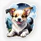 Preview: Sticker eines lächelnden kleinen Hundes, liegend vor einem Hintergrund mit Sternenhimmel und Bergen.