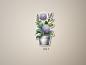 Preview: Sticker einer metallischen Blumenvase mit lila Blüten und grünen Blättern, detailliert im botanischen Stil. Ideal für Dekoration und kreative Projekte.