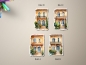 Preview: Set von vier mediterranen Villen-Aufklebern mit klassischer Architektur, verziert mit Fenstern und Balkonen. Villen sind von grünen Büschen umgeben. Bilder: A, B, C, D.