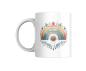 Preview: Weißer Keramikbecher mit einem Boho-Regenbogenmotiv, verziert mit floralen Details, Mandala-Elementen und Federn. Ein harmonisches Design, ideal für Liebhaber spiritueller und boho-inspirierter Kunst.