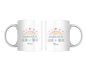 Preview: Personalisierte Tasse „Schulkind 2026“ – Motiv C mit pastellfarbenem Regenbogen, Herzchen und bunten Streifen, Name „Bruno“, als beidseitige Ansicht auf weißem Hintergrund dargestellt.