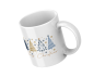 Preview: Merry-Christmas-Keramiktasse mit stilisiertem Weihnachtsbaum-Motiv in Blau und Gold.