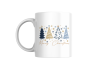 Preview: Keramiktasse Merry Christmas mit stilisierten Weihnachtsbäumen in Blau und Gold, linke Produktansicht auf weißem Hintergrund.