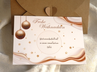 Komplettes Set der eleganten Weihnachts-Rubbelkarte mit goldenen Elementen und personalisierbarem Feld.