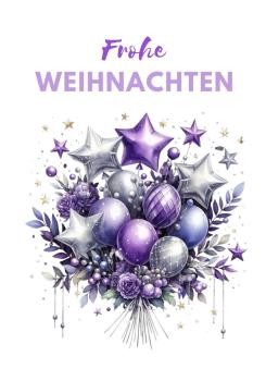 Preview: Elegantes Weihnachtsgrußkarten-Set mit Sternballons in Lila und Silber Preview: Weihnachtskarte mit lila und silbernen Stern- und Kugelballons, umgeben von zarten Rosen und winterlichen Zweigen. Der Text 'Frohe Weihnachten' ist in einer eleganten Schriftart oben auf der Karte platziert. Das Design kombiniert festliche Elemente in edl