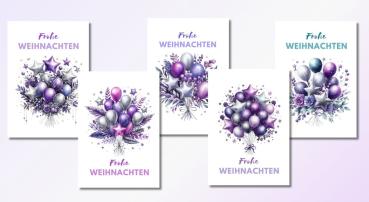 Preview: Elegantes Weihnachtsgrußkarten-Set mit Sternballons in Lila und Silber Preview: Set aus fünf verschiedenen Weihnachtskarten mit lila und silbernen Ballons sowie Sternmotiven. Jede Karte trägt die Aufschrift 'Frohe Weihnachten' und zeigt ein festliches Arrangement aus Stern- und Kugelballons, kombiniert mit zarten winterlichen Zweigen