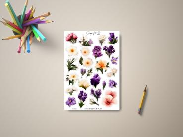 Blumenaufkleber-Set mit verschiedenen violetten, gelben und weißen Blütenmotiven, dargestellt auf einem Tisch mit Buntstiften und Bleistift, gestaltet von DreamArt VM.