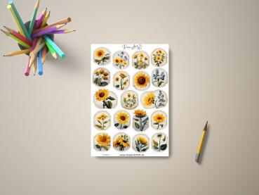 Aufkleber-Set mit Sonnenblumen- und Blumenmotiven, präsentiert auf einem Tisch mit Buntstiften und Bleistift, gestaltet von DreamArt VM.