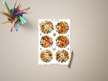 Blumenaufkleber-Set mit verschiedenen floralen Motiven in Gelb, Orange und Weiß, präsentiert auf einem Tisch mit Buntstiften und Bleistift, gestaltet von DreamArt VM.