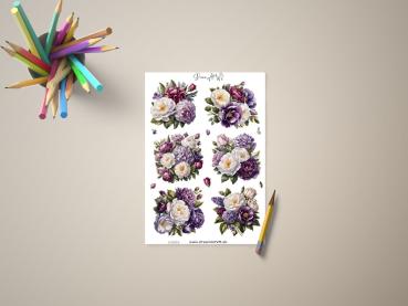 Blumenaufkleber-Set mit verschiedenen floralen Motiven in Lila und Weiß, präsentiert auf einem Tisch mit Buntstiften und Bleistift, gestaltet von DreamArt VM.