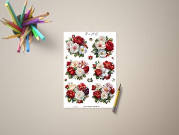 Blumenaufkleber-Set mit verschiedenen floralen Motiven in Rot und Weiß, präsentiert auf einem Tisch mit Buntstiften und Bleistift, gestaltet von DreamArt VM.