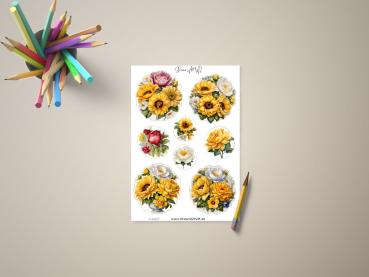 Blumenaufkleber-Set mit verschiedenen floralen Motiven in Gelb, Weiß und Rot, präsentiert auf einem Tisch mit Buntstiften und Bleistift, gestaltet von DreamArt VM.