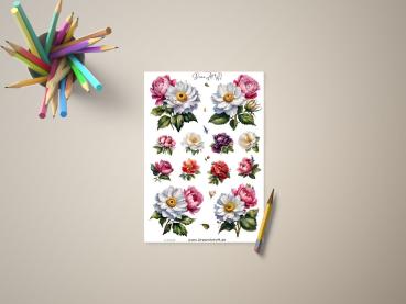 Blumenaufkleber-Set auf einem Tisch mit Buntstiften und Bleistift, floral gestaltete Aufkleber von DreamArt VM, abgebildet in verschiedenen Farben und Designs.