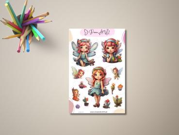 Aufkleber-Set mit niedlichen Feenfiguren und kleinen Pflanzenmotiven, präsentiert auf einem Tisch mit Buntstiften und Bleistift, gestaltet von DreamArt VM.