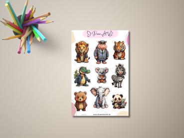 Aufkleber-Set mit niedlichen Tieren, darunter ein Löwe, Nilpferd in Uniform, Tiger, Krokodil, Koala, Zebra, Bär, Elefant und Panda, gestaltet von DreamArt VM, präsentiert auf einem Tisch mit Buntstiften.
