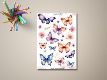 Aufkleber-Set mit bunten Schmetterlingen und Blumen, präsentiert auf einem Tisch mit Buntstiften, gestaltet von DreamArt VM.