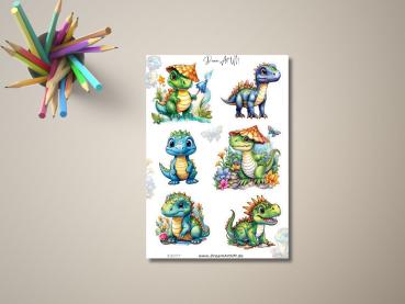 Sechs niedliche Dinosaurier-Aufkleber in verschiedenen Farben und Posen, verziert mit Schmetterlingen und Blumen. Jeder Dinosaurier hat eine einzigartige Farbe und Charakteristik, von blau bis grün, mit liebenswerten Details wie Hüten und farbenfrohen Rüc