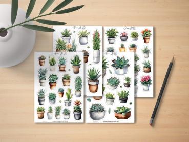 Vier Aufkleberbögen mit Sukkulenten und Kakteen, handgefertigt im Aquarellstil