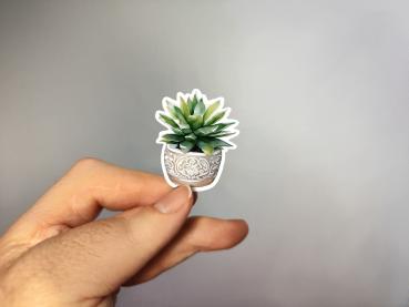 Dekorativer Sukkulenten-Sticker im kunstvollen Topf – handgefertigt, in der Hand gehalten