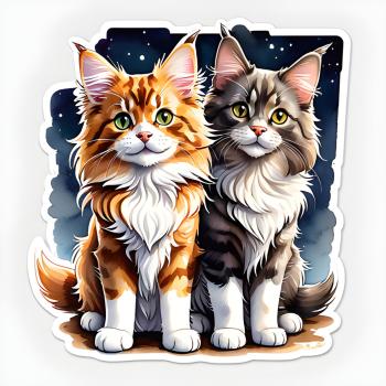 Preview: 9+1 Süße Katzen und Hunde Sticker Set Preview: Zwei Maine Coon Katzen als Sticker, eine mit orange-weißem Fell und die andere mit grau-weißem Fell. Beide sitzen nebeneinander vor einem nächtlichen Hintergrund mit Sternen und schauen aufmerksam nach vorne.