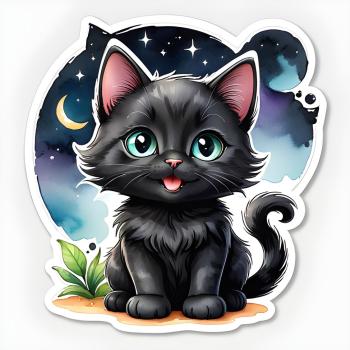 Preview: 9+1 Süße Katzen und Hunde Sticker Set Preview: Schwarze Katze mit großen, grünen Augen als Sticker, sitzt vor einem nächtlichen Hintergrund mit Mond und Sternen. Die Katze hat ein fröhliches Gesicht und ein kleines grünes Blatt neben sich.
