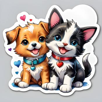 Preview: 9+1 Süße Katzen und Hunde Sticker Set Preview: Süßer Welpe und Kätzchen als Sticker, beide lächeln fröhlich. Der Welpe hat ein blaues Halsband und das Kätzchen ein rotes. Im Hintergrund schweben bunte Herzen.
