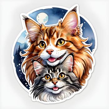 Zwei fröhlich lächelnde Maine Coon Katzen als Sticker, eine orange und eine graue, vor einem Nachthimmel mit Mond und Sternen.