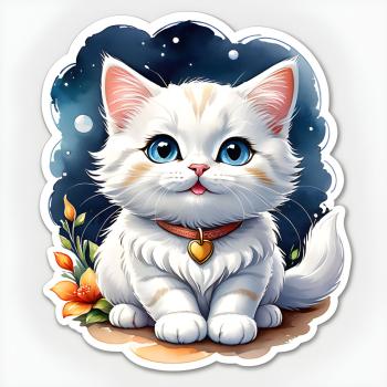 Sticker mit einer süßen weißen Katze mit blauen Augen und einem Herzanhänger, sitzend vor einem sternenklaren Nachthimmel und Blumen.