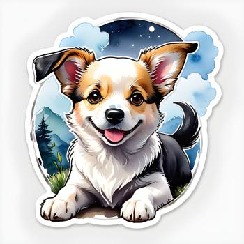 Sticker eines lächelnden kleinen Hundes, liegend vor einem Hintergrund mit Sternenhimmel und Bergen.