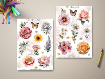 Blumenaufkleber mit verschiedenen floralen Designs, einschließlich Rosen, Sonnenblumen, Schmetterlingen und anderen Blumenarten in weichen Pastellfarben. Perfekt für Bastelprojekte oder als dekorative Sticker. DreamArt VM Design, Stickerbogen #2241 und #2