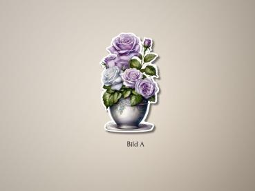 Preview: 6 Lila-Blumen im Blumentopf Sticker Set Preview: Sticker einer eleganten Blumenvase mit lila und weißen Rosenblüten, gestaltet in einem klassischen Stil. Ideal zur Verschönerung von Projekten oder als dekoratives Element