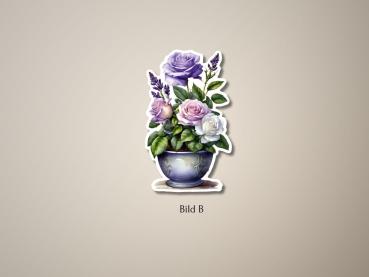 Preview: 6 Lila-Blumen im Blumentopf Sticker Set Preview: Sticker einer Blumenvase mit lila und rosafarbenen Rosen sowie Lavendelblüten, in einem dekorativen, klassischen Stil gestaltet. Perfekt als dekoratives Detail für verschiedene Projekte.