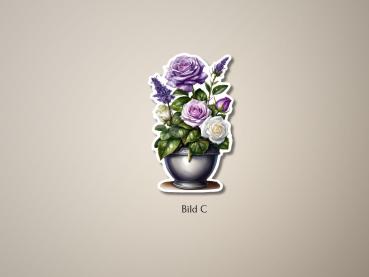 Preview: 6 Lila-Blumen im Blumentopf Sticker Set Preview: Sticker einer Blumenvase mit lila, rosa und weißen Rosen sowie Lavendelblüten, im klassischen Design. Ideal zur Verzierung von kreativen Projekten.