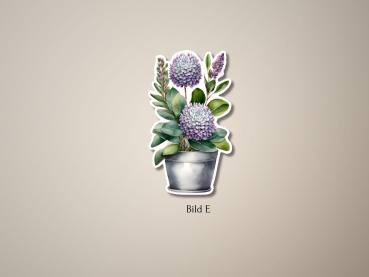 Sticker einer metallischen Blumenvase mit lila Blüten und grünen Blättern, detailliert im botanischen Stil. Ideal für Dekoration und kreative Projekte.