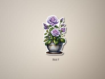 Sticker einer Blumenvase mit lila Rosen und grünen Blättern, in einem klassischen Design. Perfekt für kreative Bastelarbeiten und dekorative Akzente.