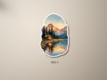Preview: 5 Berghütten am See bei Sonnenuntergang Sticker Set Preview: Aufkleber mit einer Berghütte am Ufer eines Sees, umgeben von hohen Nadelbäumen und schneebedeckten Bergen bei Sonnenuntergang. Die Szene spiegelt sich im klaren Wasser wider.