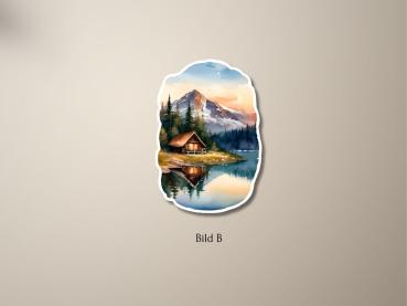 Preview: 5 Berghütten am See bei Sonnenuntergang Sticker Set Preview: Aufkleber mit einer Berghütte am Ufer eines ruhigen Sees, mit einem majestätischen schneebedeckten Berg im Hintergrund bei Sonnenuntergang. Die Hütte und die Bäume spiegeln sich im klaren Wasser wider.