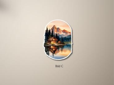 Preview: 5 Berghütten am See bei Sonnenuntergang Sticker Set Preview: Aufkleber einer Berghütte am Ufer eines Sees bei Sonnenuntergang, umgeben von Tannenbäumen und mit schneebedeckten Bergen im Hintergrund. Die Hütte und die Landschaft spiegeln sich im ruhigen Wasser wider.