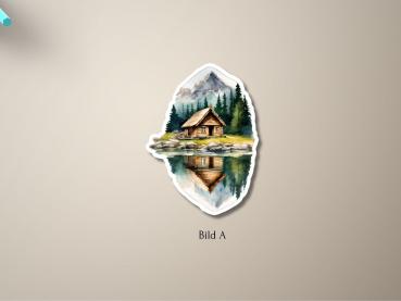 Preview: 4 Hütten am See Sticker Set Preview: Dekorativer handgemalter Aufkleber einer Berghütte mit Spiegelung im See – Bild A