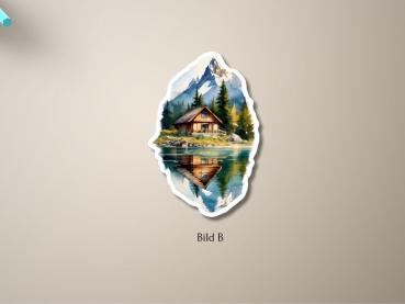 Preview: 4 Hütten am See Sticker Set Preview: Sticker einer Berghütte mit Spiegelung im See und Bergkulisse – Bild B, handgefertigt