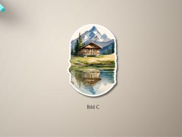 Preview: 4 Hütten am See Sticker Set Preview: Handgefertigter Aufkleber mit Berghütte und Seespiegelung – Bild C, Aquarellstil