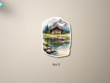 Handgefertigter Aquarell-Sticker mit Berghütte und Berglandschaft – Bild D