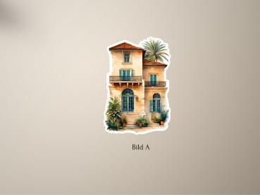 Preview: 4 Wunderschöne Villen im Italienischen Stil Sticker Set Preview: Handgefertigter Aufkleber im Aquarellstil mit mediterraner Villa, umgeben von Palmen und exotischen Pflanzen. Perfekt für kreative Projekte und Dekoration.