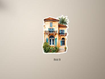 Preview: 4 Wunderschöne Villen im Italienischen Stil Sticker Set Preview: Mediterraner Aufkleber im Aquarellstil, zeigt eine charmante Villa mit blauen Fensterläden und üppiger Vegetation. Perfekt für Scrapbooking und kreative Dekoration.