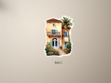 Preview: 4 Wunderschöne Villen im Italienischen Stil Sticker Set Preview: Aufkleber einer mediterranen Villa mit Palmen im Aquarellstil, ideal für kreative Projekte und Dekoration. Das Gebäude hat einen warmen, sandfarbenen Anstrich und blaue Fensterläden.