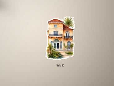 Aufkleber einer eleganten mediterranen Villa mit Palmen im Aquarellstil, mit einem warmen Sandton und einem roten Ziegeldach. Perfekt für kreative Projekte und Dekoration.